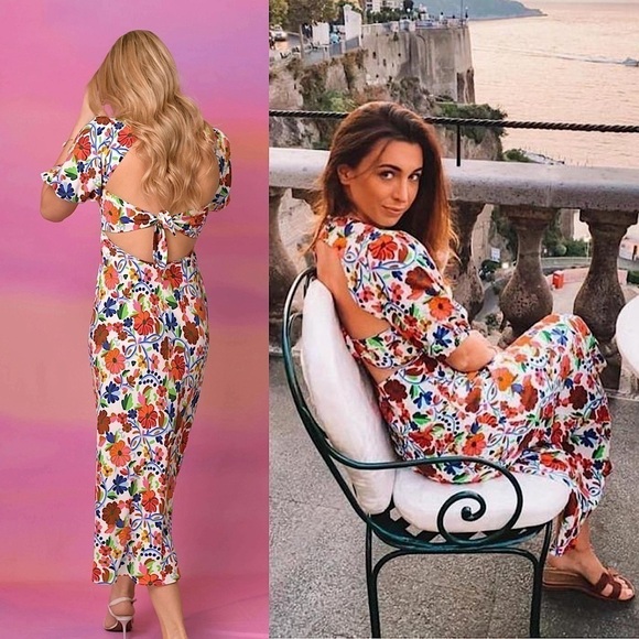 RIXO Floral Print Crepe Short Sleeve V-Neck Tied Cutout Open Back Midi Dress XS - Picture 4 of 16